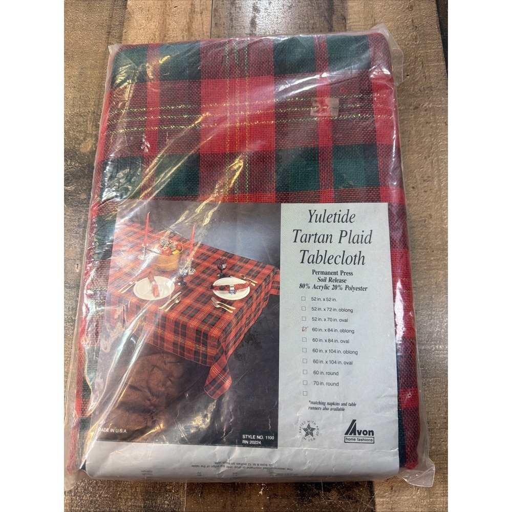 VTG Avon Yuletide Tartan Plaid Christmas Tablecloth 60x84 Oblong Holiday NOS NIP